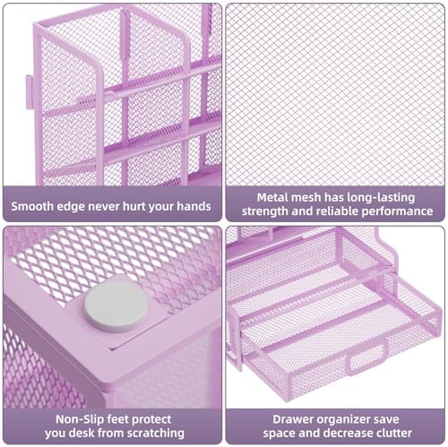 Marbrasse Larger Mesh Desk Organizer with Drawer, Multi-Functional Pen Pencil Holder, Easy Assembly, Desk Organizers and Accessories for Office Art Supplies (Purple) - Image 6