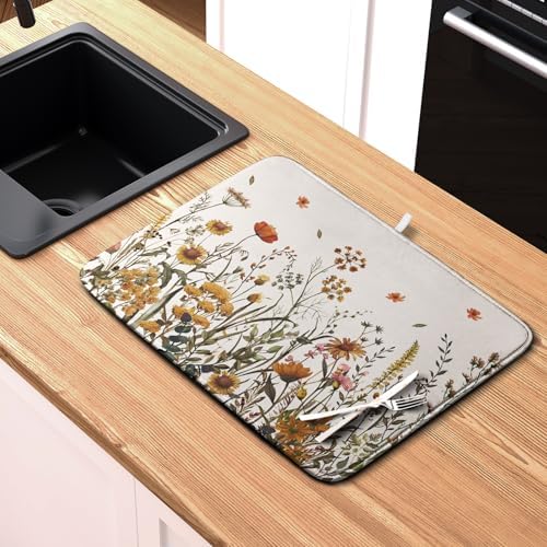 Fall Floral Dish Drying Mat for Kitchen Counter Autumn Burnt Orange Wild Flowers Dish Draining Mat Absorbent Microfiber Dishes Pad Washable Dish Drainer Rack Mat Medium 16"x18" - Image 6