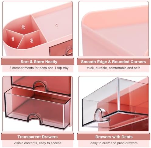 Meiikun Desk Organizer with Drawer, Pen Organizer for Desk, Small Pencil Holder, Desk Organizers and Accessories for Office Home Storage (2 Drawers+4 Compartments, Pink) - Image 5