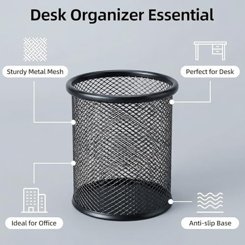 Pen Holder Pencil Holder Mesh Metal Pen Cup Holder Pencil Cup Holder for Desk Office Home Pen Organizer Black, 6 Pack - Image 6