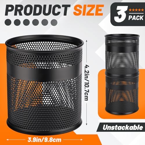 Segarty Pen Cup, 3 Pack Black Pen Holder for Desk, 3.9 x 4.2 inch Large Metal Round Pencil Container Set Marker Holder for Office Supply, Desktop Accessories, Makeup Brush, School Student Teacher - Image 2