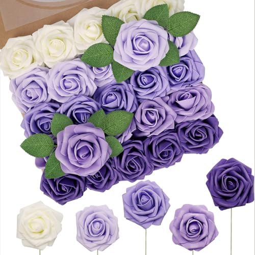 N&T NIETING Artificial Flowers 50Pcs Real Touch Fake Foam Rose Purple Flowers with Stems Lavender for DIY Wedding Bridesmaid Bridal Bouquets Centerpieces Party Home Decoration(Series Purple) by NTNIETING