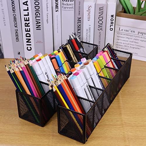 Black Mesh Pen Pencil Holder, Small Metal Desk Organizer Desktop Stationery Office Supplies Acessories Storage Stand, 6 Compartments Brushes Holder for Home School Classroom Teachers - Image 6