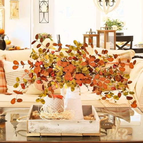 Uieke 8PCS Artificial Fall Eucalyptus Stems, 28inch Fall Eucalyptus Leaves Branches with Orange Pumpkins Long Stems Fall Decorations for Home Autumn Florals Arrangement Thanksgiving Decor - Image 7
