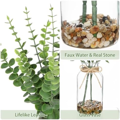 Hollyone Artificial Eucalyptus Stems in Glass Vase with Faux Water and Stones, 15.7" Fake Plants Eucalyptus Leaves Branch for Indoor Shelf Desk Home Bathroom Wedding Table Centerpiece Decor - Image 3