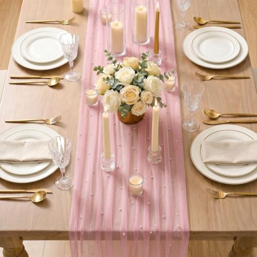 Artoid Mode Pearl Pastel Pink Gauze Table Runner 10FT Home Decor - Image 6