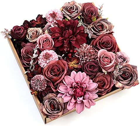 Serra Flora Artificial Flowers Combo Dahlia 25pcs Silk Fake Flowers Roses for DIY Wedding Bouquets Burgundy Centerpieces Arrangements Party Bridal Baby Shower Home Decorations(Burgundy) by SerraFlora