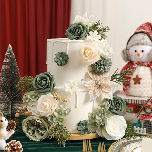 Christmas Artificial Flowers Set with White Poinsettia, Fake Roses and Greenery for DIY Christmas Decor - Wreath, Tree Ornaments, Wedding Bouquets, Centerpieces, Home Floral Arrangemen - Image 6
