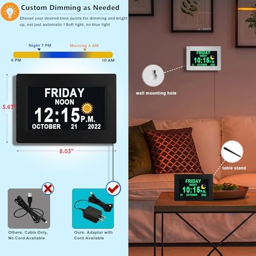 MASSII Dementia Clock with Date Time Voice Announcement, 27 Alarms Custom Reminders, Sleep Trainer, Auto DST, 10 Levels Night Dimmer, Large Talking Digital Calendar Clock for Elderly with 1.5M Adaptor - Image 4
