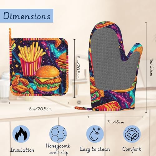 Oven Mitts and Pot Holders Sets,Hamburger French Fries Thick Cotton Kitchen Oven Mitt Set,Funny Food Waterproof Anti-Slip Silicone Mittens for Baking,Cute Cooking Utensils Set for Bakeries Barbecues - Image 2
