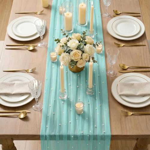 Artoid Mode Pearl Turquoise Gauze Table Runner 10FT Home Decor - Image 5