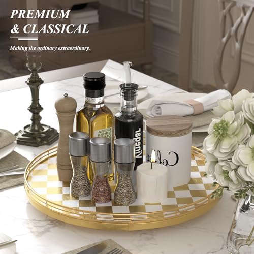 AMH 16-Inch Gold and White Checkerboard Lazy Susan with Rubberwood Base - Image 5