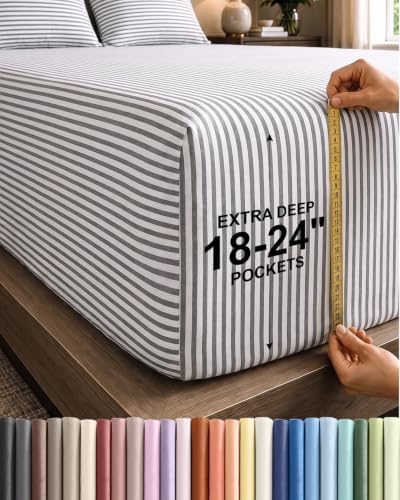 CGK Extra Deep Split King Single Fitted Sheet Only - Grey Stripes by CGKUnlimited