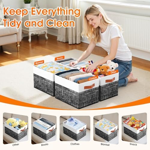 Fab totes Collapsible Storage Baskets for Shelves,14"x10", 6 Pack Foldable Fabric Storage Bins with Double Leather Handles, Large Baskets for Organizing Books, Clothes, White & Black - Image 3
