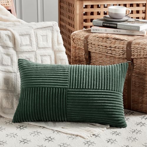 Fancy Homi Set of 2 Dark Green Lumbar Decorative Throw Pillow Covers 16x32 Inch for Living Room Couch Bed, Boho Farmhouse Forest Green Home Decor, Soft Corduroy Corss Patchwork Cushion Case - Image 2