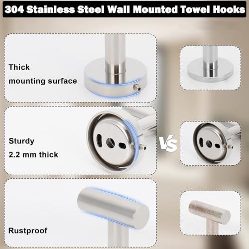 Livabber Bathroom Towel Hooks, 304 Stainless Steel Robe Shower Hooks Wall Mounted, Heavy Duty Towel Hangers for Bathroom Kitchen Bedroom (4 Pack, Chrome) - Image 3