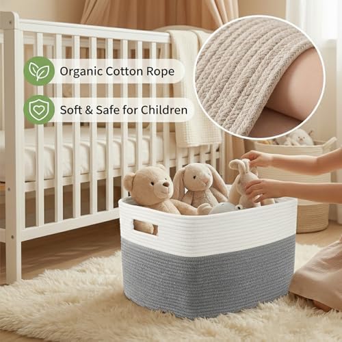 JMvicyroam 65L Large Woven Cotton Rope Blanket Basket, White&Grey - Image 4