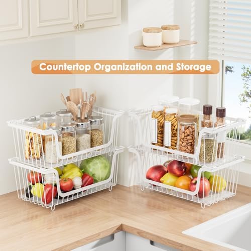 4 Pcs Stackable Wire Baskets for Pantry Organizers and Storage, White - Image 3