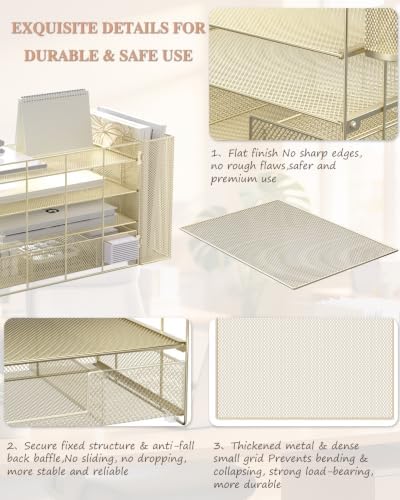 WALI Desk File Organizer, 4 Tier Desktop Paper Letter Tray Organizer with Drawer and 2 Pen Holders, Office Desk Accessories & Workspace Organizers for Office, Home, School Supplies, 1 Pack, Gold - Image 5