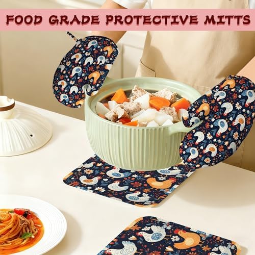 Cute Roosters Hens Chicks Heat-Resistant Silicone Oven Mitts and Pot Holders,Flower Field Long Oven Gloves with Non-Slip Grip for Cooking, Baking, Grilling,BBQ - Image 7