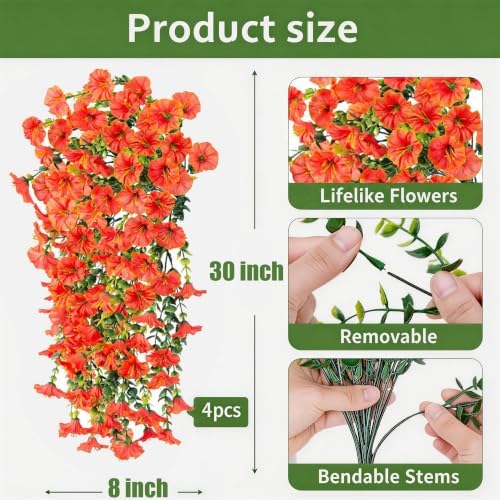 Orange Artificial Fall Petunias Flowers, 4 Pcs Silk Faux Flowers UV Resistant No Fade Fake Plants, Realistic Indoor Outdoor Decor for Garden Balcony Yard Porch - Image 2