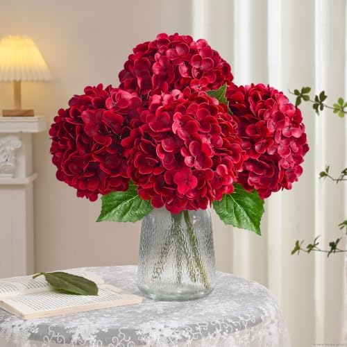 Yastouay 4 Pcs Real Touch Hydrangea Artificial Flowers, Deep Red - Image 3