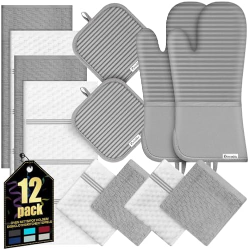 Oven Mitts Kitchen Towels and Dishcloths with Pot Holders Sets, Oven Gloves Hot Pads 500°F Heat Resistant with Silicone Grip, Include 2 Cooking Gloves/2 Potholders/4 Kitchen Towels/4 Dish Towels-Gray by KacNacPro
