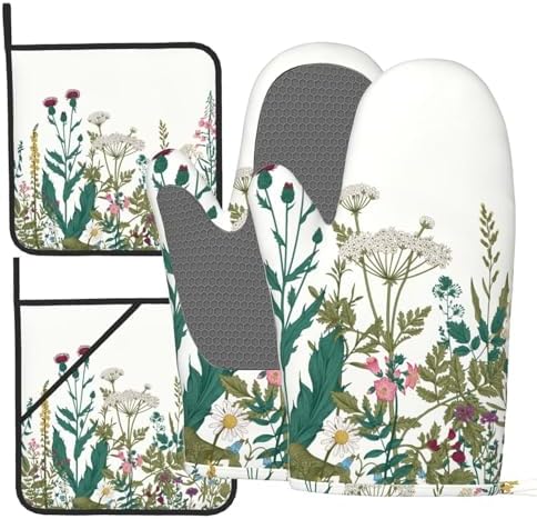 Herbs and Wild Flowers Oven Mitts and Pot Holders Sets of 4, Colorful Botanical Silicone Oven Mitts Heat Resistant, Non-Slip BBQGloves for Chef Kitchen Cooking Baking Grilling Microwave by MAZAOTEULaundryHamper