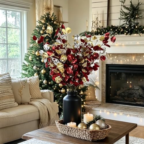 6Pcs Artificial Christmas Eucalyptus Stems 27.55 Inch Red Gold Silver Silk Faux Leaves Flexible Branches for Vase Table Centerpiece Xmas Home Wedding Decor - Image 2