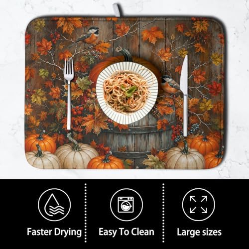 Fall Dish Drying Mat for Kitchen Counter 16x18 Autumn Pumpkin Maple Leaves Birds Dish Drying Pad for Dishes Microfiber Absorbent Dishes Drainer Mats Thanksgiving Dish Rack Mat - Image 4