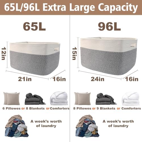 JMvicyroam 65L Large Woven Cotton Rope Blanket Basket, White&Grey - Image 3