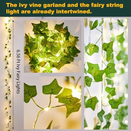 KASZOO 2 Pack 6.56 Ft Vines with Fairy Lights Battery Operated, 40 LEDs Artificial Garland Plant Vine Fairy Light, Hanging Ivy Lights for Bedroom Garden Party Wall Room Decor - Image 3