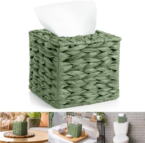 Sage Green Tissue Box Cover Water Hyacinth Bathroom Tissue Holder,Cube by Ferrochef