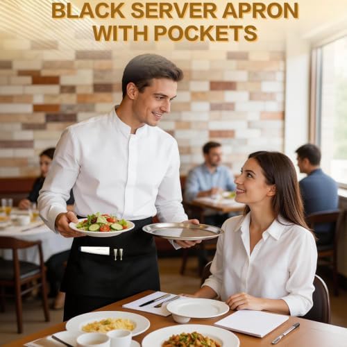 mwellewm 15 Packs Server Apron with 3 Pockets, Black Serving Half Waitress Apron for Women and Men, Widened and Extended Waist Strap Reinforced Seams Water and Stain Resistant for Book Phone - Image 3