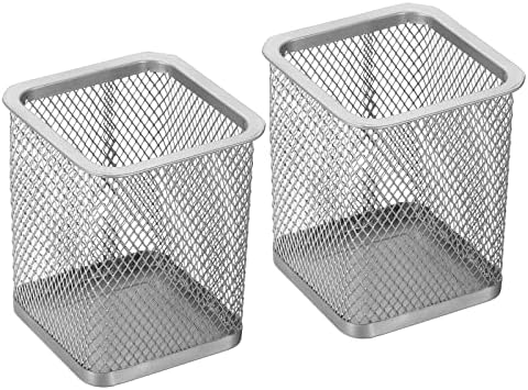 PATIKIL Mesh Pen Holder, 2 Pack Pencil Holder Pencil Basket Pen Cup Locker Organizer Square Makeup Brush Holder for Desk Accessories, Silver by PATIKIL
