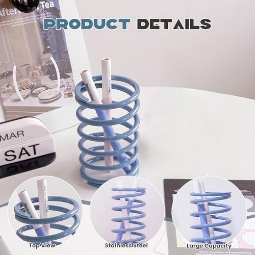 Spring Toothbrush Holder, Stainless Steel Spring Shaped Desktop Toothbrush Holder, Multifunctional Pen Holder Makeup Brush Toothbrush Storage for Bathroom Tabletop Dressing Table and Sink (Blue) - Image 3