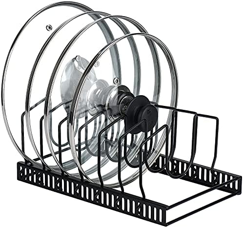 Toplife Pot Lids Organizer Rack for Cabinet and Countertop, 7+ Pan Lids and Bakeware Organizer Rack Holder with 7 Adjustable Compartments - Black by Toplife