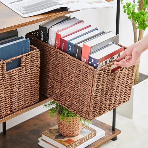 Vagusicc Wicker Storage Basket, Set of 2 Hand-Woven Paper Rope Wicker Basket, Small Storage Baskets for Organizing Toilet Paper Basket, Foldable Large Cube Storage Organizer Bins for Shelves (Brown) - Image 4