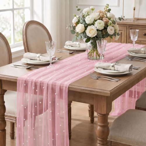 Artoid Mode Pearl Pastel Pink Gauze Table Runner 10FT Home Decor - Image 2
