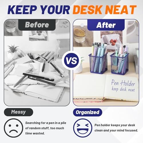 Segarty Pen Holder for Desk, 3 Pack Square Dark Blue Pen Cup Holder, Wire Mesh Pencil Container Set Desktop Organizer for Office Supplies, School, Home Table Accessories, Makeup Brush - Image 4
