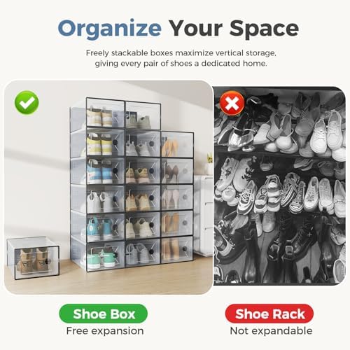 DUMOS Shoe Storage Boxes, 12-Pack Stackable Clear Shoe Containers with Lids, Display Sneaker Case Organizer for Closet, Under Bed, Entryway, Black, Fit Size 11 - Image 6