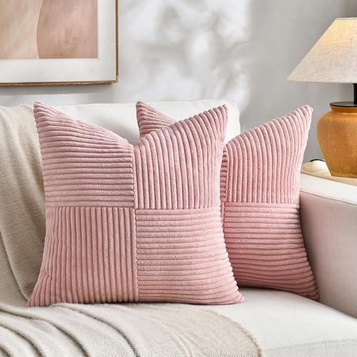 Fancy Homi 2 Packs Blush Pink Decorative Throw Pillow Covers 16x16 Inch for Living Room Couch Bed, Rustic Farmhouse Boho Home Decor, Soft Corss Patchwork Corduroy Textured Square Cushion Case 40x40 cm by Fancy+Homi