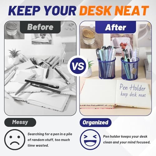 Segarty Pen Cup, 6 Pack Round Cute Dark Blue Pen Holder for Desk, Wire Mesh Pencil Holder Container Set, Desktop Organizer for Office Supplies, Maker, School, Home Storage, Makeup Brush - Image 4