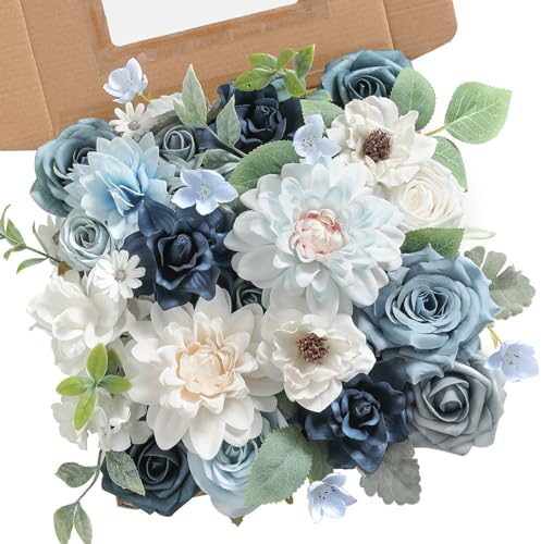 rongflower Blue Artificial Flowers Combo Box Set Silk Flowers Fake Rose for DIY Floral Arrangements Wedding Bouquets Centerpieces Baby Shower Party Home Decorations by rongflower