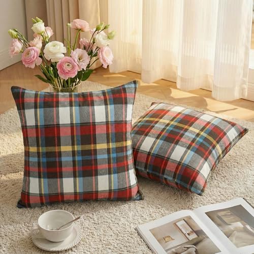 AVOIN colorlife Spring Summer Red Brown Blue Plaid Decorative Throw Pillow Covers, 18 x 18 Inch Holiday Scottish Tartan Cushion Case Farmhouse Decoration for Sofa Couch Set of 2 - Image 6
