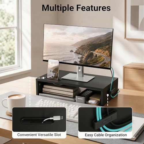 1home Monitor Stand Riser, 16.7 Inch Wood Monitor Riser Stand with Storage Organizer, Desktop Ergonomic Monitor Stand Riser with Cellphone Holder and Cable Management, Black - Image 3