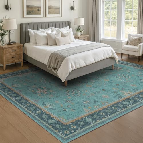 5x7 Teal Rug for Living Room, Boho Turquoise Rugs for Bedroom, Modern Eclectic Low-Pile Carpet for Dining Table, Washable Non-Slip with Rubber Back - Image 6