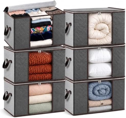 Storage Bags For Clothes - 6-Pack Collapsible Organizers for Blankets, Bedding & Clothes - Large 90L Zip Bags with Handles - Clear Durable Containers for Closet Organization (Grey) by Masirs