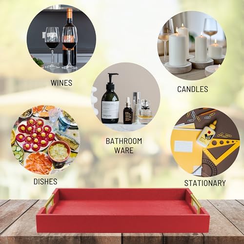 ATZYmolin 17"x12" Leather Serving Tray, Gold Handle Vanity Platter, Red - Image 6
