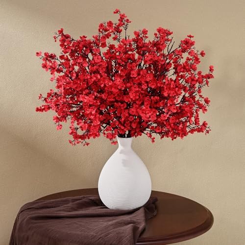 Waipfaru Red Fake Flowers, 6 Pcs Baby's Breath Artificial Flowers, Real Touch Silk Flowers Fall Stems for Spring Summer Fall Thanksgiving Christmas Decor Floral Arrangement, 19 Inches - Image 2